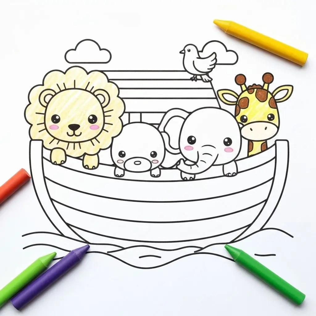 Pagina de colorir da Arca de Noe com animais fofos